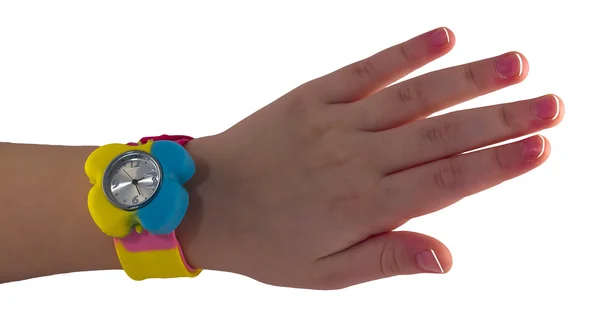 Кольоровий дитячий годинник під рукою — стокове фото
