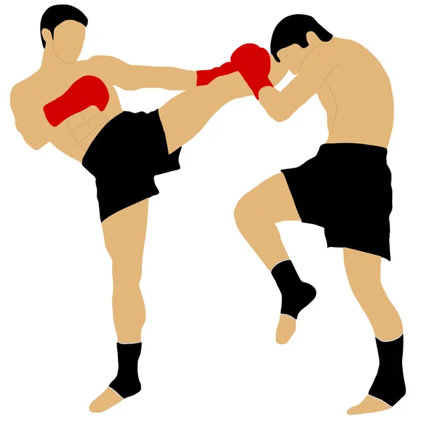 Dos boxeadores peleando con patada alta — Vector de stock