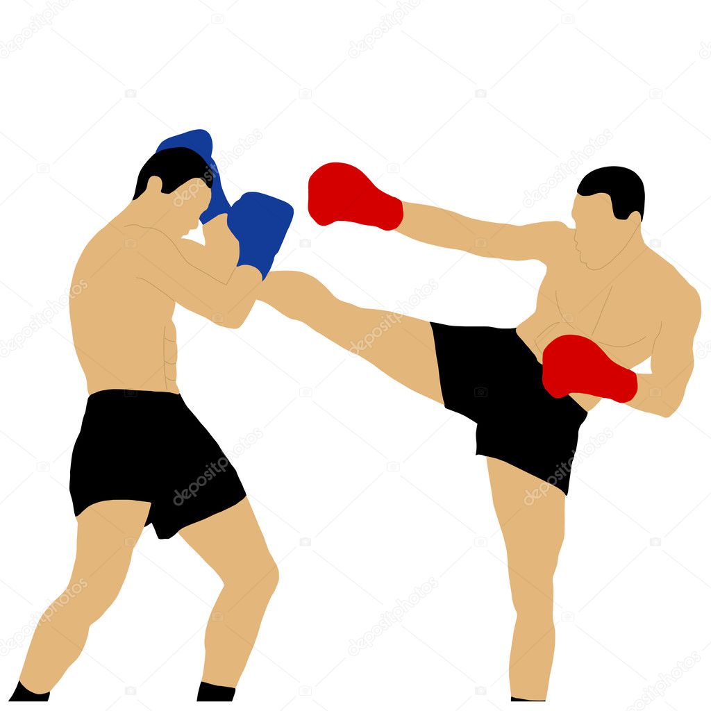 Two boxers fighting with high kick