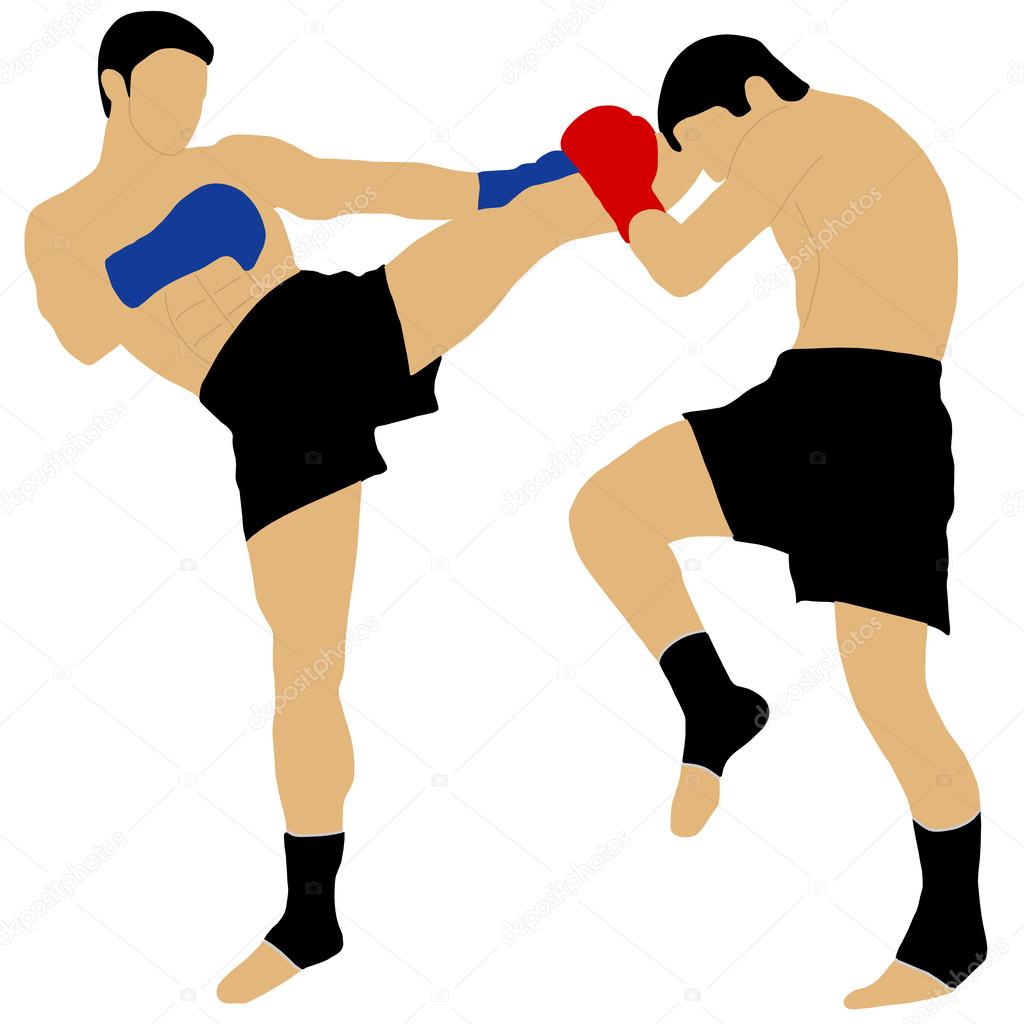 Two boxers fighting with high kick