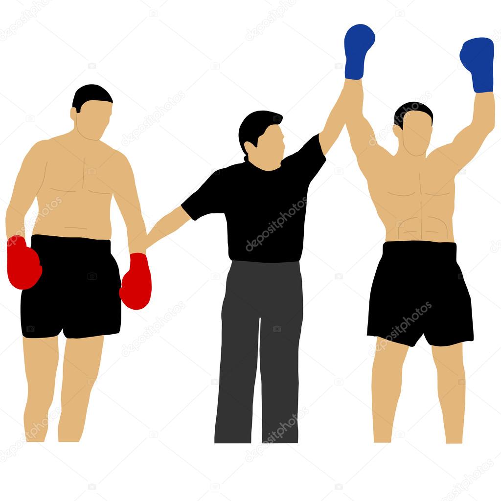 A referee gives the victory a boxer