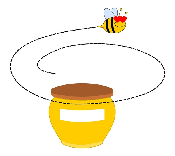 Una abeja girando alrededor de una olla de miel — Vector de stock