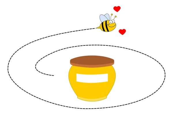 Una abeja girando alrededor de una olla de miel — Vector de stock