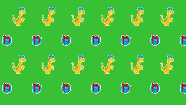 Анимация Динозавра Желтой Ящерицы Голубым Подарком Зеленом Фоне Анимация — стоковое видео