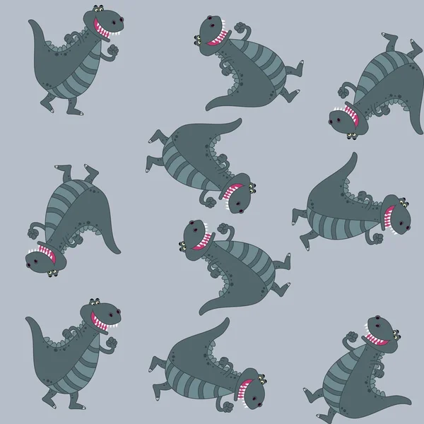 Print Pattern Smiling Grey Dinosaur Crocodile Walker Blue Background — Stock Vector