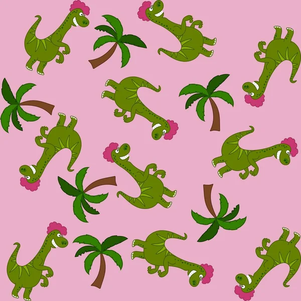 緑のトカゲの恐竜とピンクの背景の木と印刷パターン — ストックベクタ