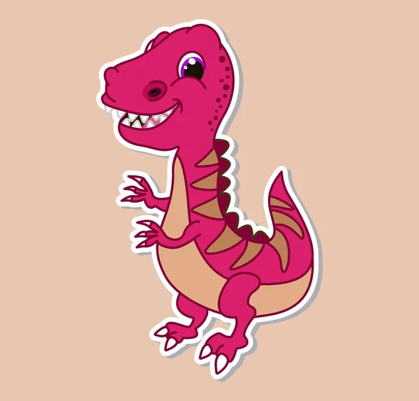 Sticker Dinosaur Tyrannosaurus Pink Very Smiling Big Pointy Teeth — Stock Vector