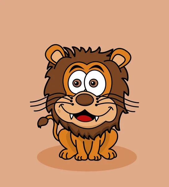 Mignon Lion Assis Souriant Avec Fond Brun Petite Ombre — Image vectorielle