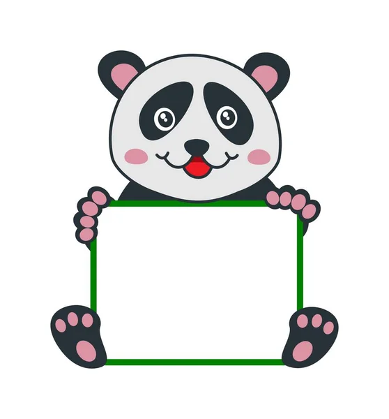 Söt Och Ung Panda Sitter Med Ett Leende Och Skylt — Stock vektor
