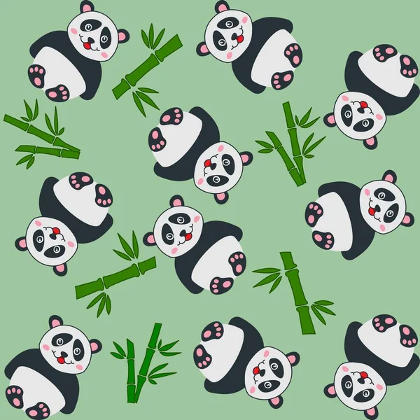 Wrapping Paper Cute Panda Bamboo Green Background — Stock Vector