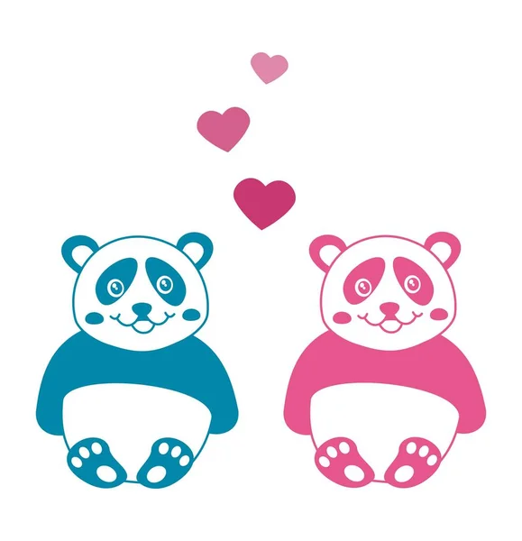 Couple Young Blue Pink Panda Flying Hearts — Stock Vector