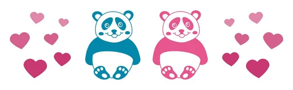 Couple Young Blue Pink Panda Flying Hearts Banner — Stock Vector