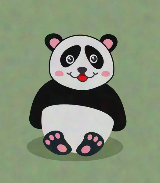 Söt Och Ung Panda Sitter Med Ett Leende Grön Bakgrund — Stockfoto