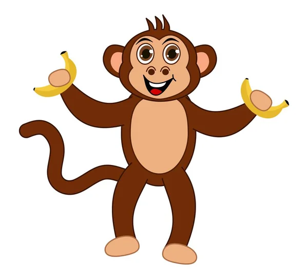 Mono Marrón Sonriendo Pie Con Ojos Marrones Sosteniendo Plátano — Vector de stock