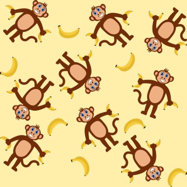Sarı arka planda muz tutan gülümseyen maymunlarla dekoratif desen