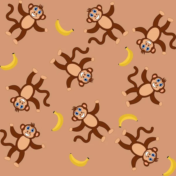 Padrão Decorativo Com Macacos Sorridentes Segurando Bananas Fundo Marrom — Vetor de Stock