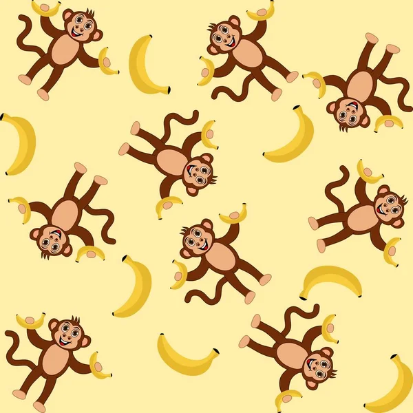 Dekorativní Vzor Usmívající Opice Drží Banány Žlutém Pozadí — Stockový vektor