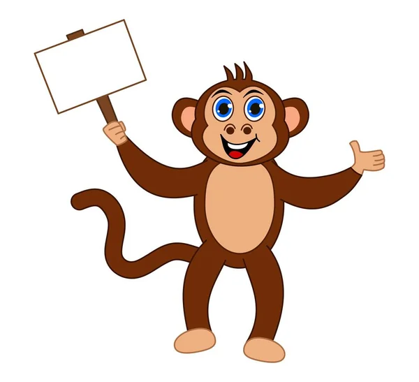 Smiling Brown Monkey Blue Eyes Holding Advertising Sign — стоковый вектор