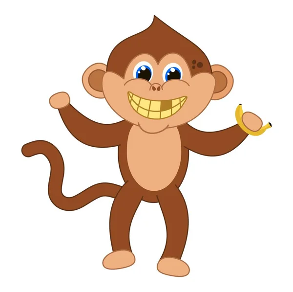 Małpa Zepsutymi Zębami Bardzo Zabawna Uśmiechnięta Niebieskimi Oczami Trzymająca Banana — Wektor stockowy