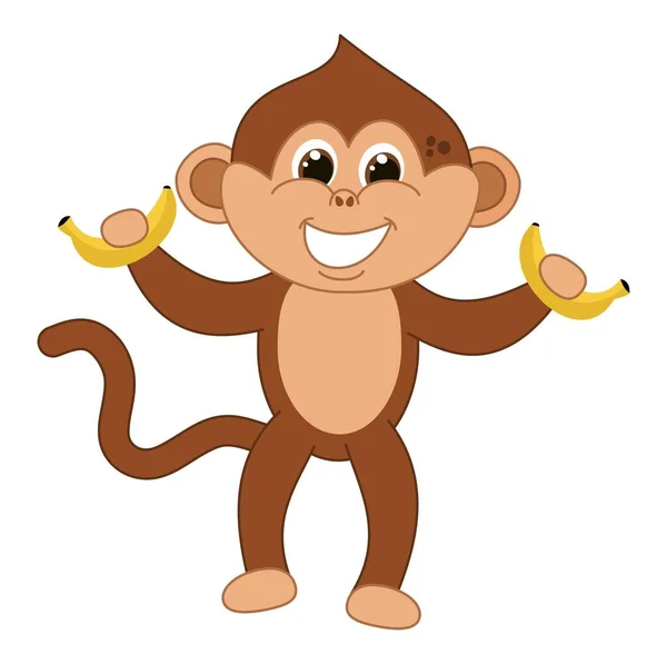 Młoda Brązowa Małpa Uśmiechnięta Stojąca Brązowymi Oczami Trzymająca Banany — Wektor stockowy