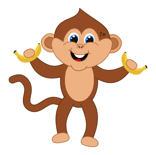 Young Brown Monkey Smiling Standing Blue Eyes Holding Bananas — стоковый вектор