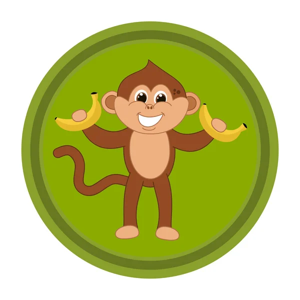 Kahverengi Gözlü Gülümseyen Kahverengi Maymun Yuvarlak Bir Ikonda Muz Tutuyor — Stok Vektör