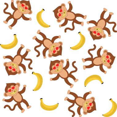 Beyaz arka planda gülümseyen maymunlar, kalp ve muzlar ile dekoratif desen