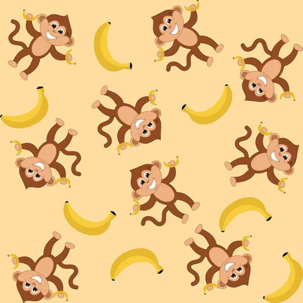 Decorative Pattern Young Smiling Monkeys Holding Bananas Yellow Color Background — Wektor stockowy