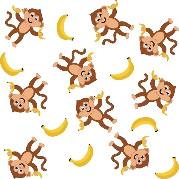 Decorative Pattern Young Smiling Monkeys Holding Bananas White Color Background — Vetor de Stock