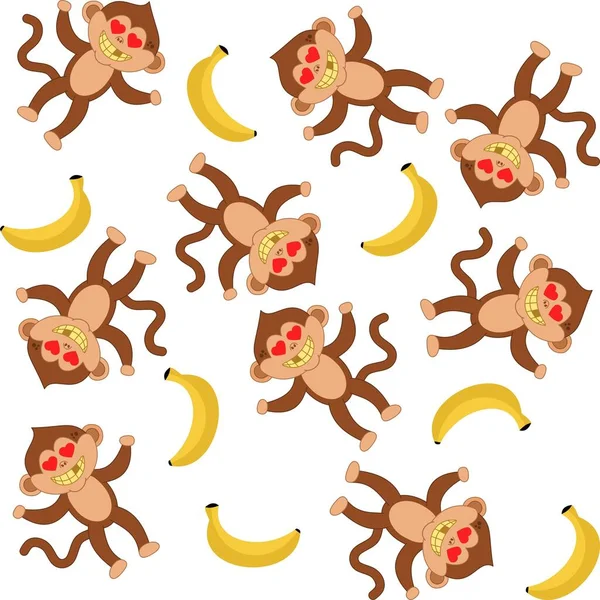 Beyaz arka planda gülümseyen maymunlar, kalp ve muzlar ile dekoratif desen