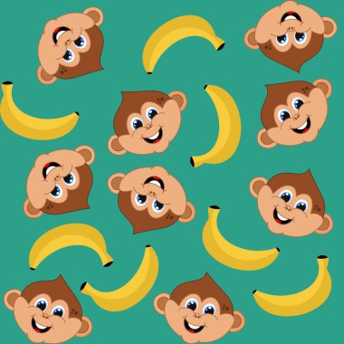 Muzlarla dekoratif desen ve yeşil arka planda gülümseyen genç maymunların başları.