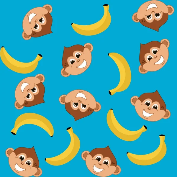 Decorative Pattern Bananas Heads Young Smiling Monkeys Blue Color Background — стоковый вектор