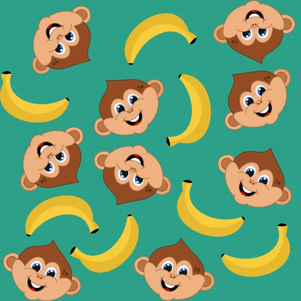 Muzlarla dekoratif desen ve yeşil arka planda gülümseyen genç maymunların başları.