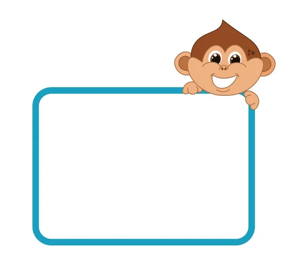 Young Brown Monkey Smiling Advertising Board Blue Outline — стоковый вектор