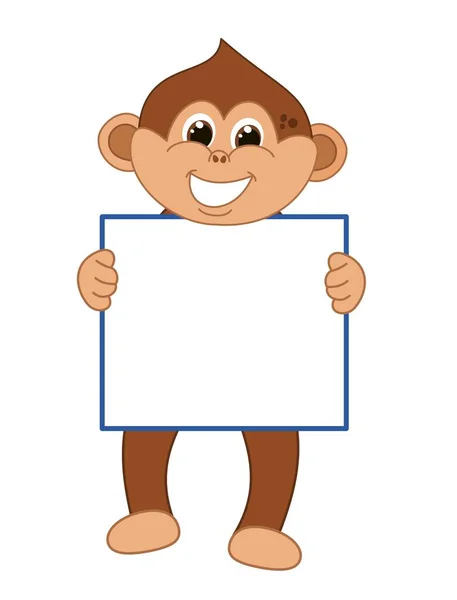 Young Brown Monkey Smiling Standing Brown Eyes Holding Billboard — Wektor stockowy