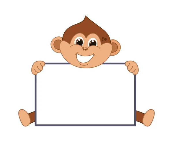 Kahverengi Gözlü Gülümseyen Kahverengi Maymun Reklam Panosunun Arkasında Oturuyor — Stok Vektör