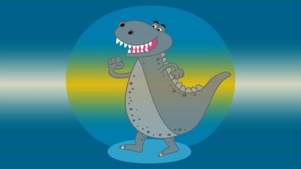 Duży Szczęśliwy Dinozaur Żółtym Niebieskim Wystrojem Zielonym Tłem Animacja — Wideo stockowe