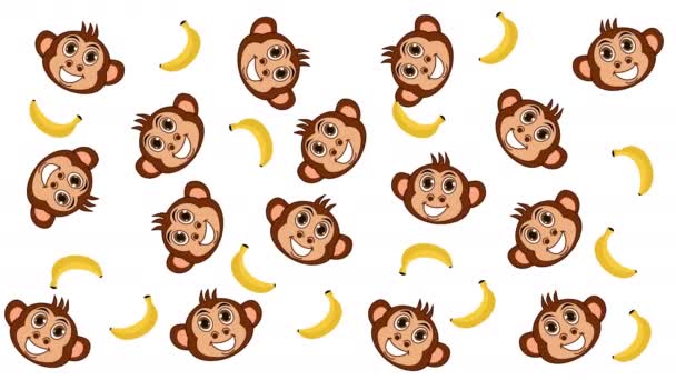 Several Monkeys Bananas Random Movements White Green Background Animation — Stock Video