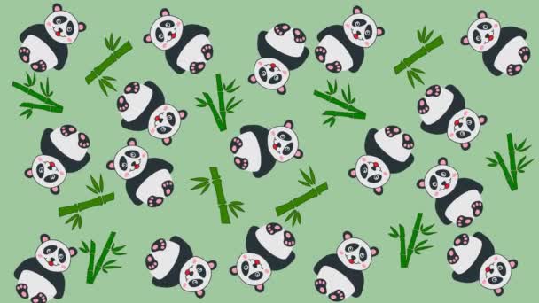 Mehrere Pandas mit Bambusen in zufälligen Bewegungen auf grünem Hintergrund - Animation