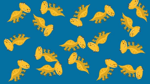 Several Yellow Dinosaurs Random Movements Blue Green Background Animation — Stock Video