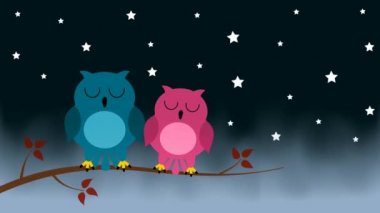 Couple of animals living lovingly during the day and sleeping at night with starry sky and green background - animation