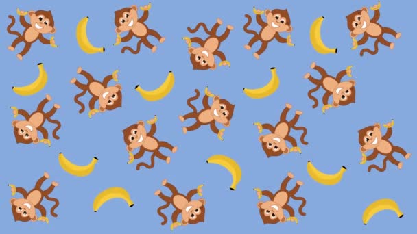 Several Monkeys Bananas Random Movements Blue Green Background Animation — Stock Video