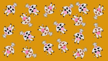 Turuncu ve yeşil arka planda rastgele hareketler yapan birkaç inek - animasyon