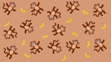 Several monkeys with bananas in random movements on a brown and green background - animation
