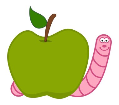 Smiling pink maggot coming out of a juicy green apple