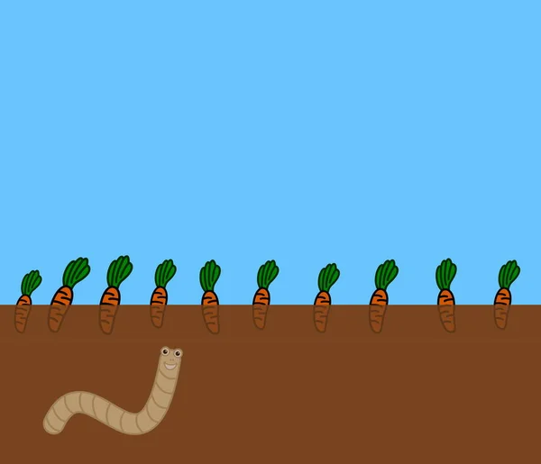 A smiling white worm stirring up the soil in a vegetable field - illustration