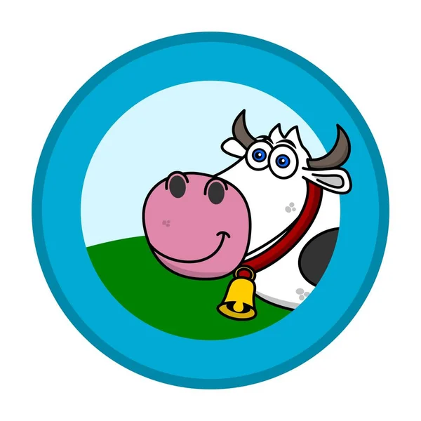 Distintivo Con Una Mucca Latte Con Campana Sfondo Prato Verde — Vettoriale Stock