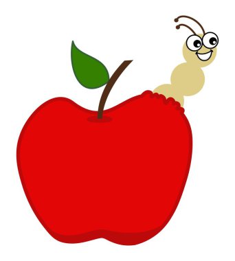 Smiling white maggot coming out of a juicy red apple - vector