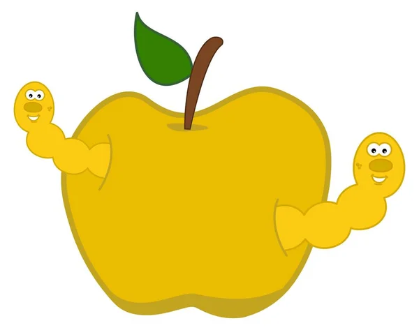 Gusano Amarillo Sonriente Que Sale Una Jugosa Manzana Amarilla Vector — Archivo Imágenes Vectoriales