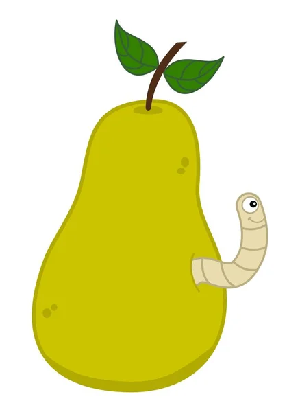 Smiling White Maggot Coming Out Juicy Yellow Pear Vector — Stock Vector